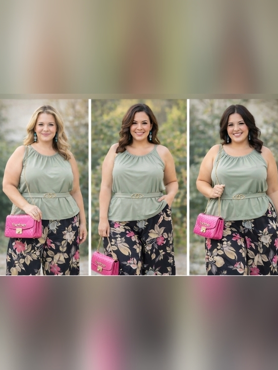 Custom Variety Pack Pants - Floral Wide-Leg Pants & Sage Green Sleeveless Top 2x Set w/ Pink Bebe Purse New